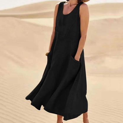 Damen-Kleines Leinenkleid mit Taschen, atmungsaktiv, Loose Fit 3