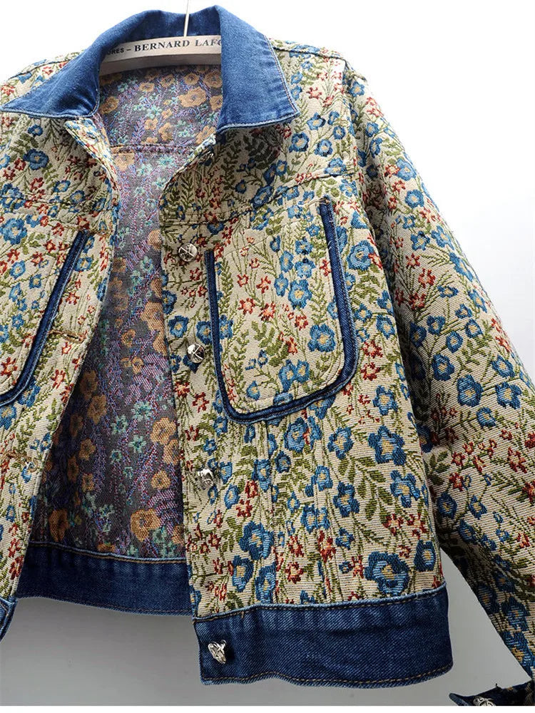 Damen-Jeansjacke mit Jacquard-Stickerei aus 100% Baumwolle-3