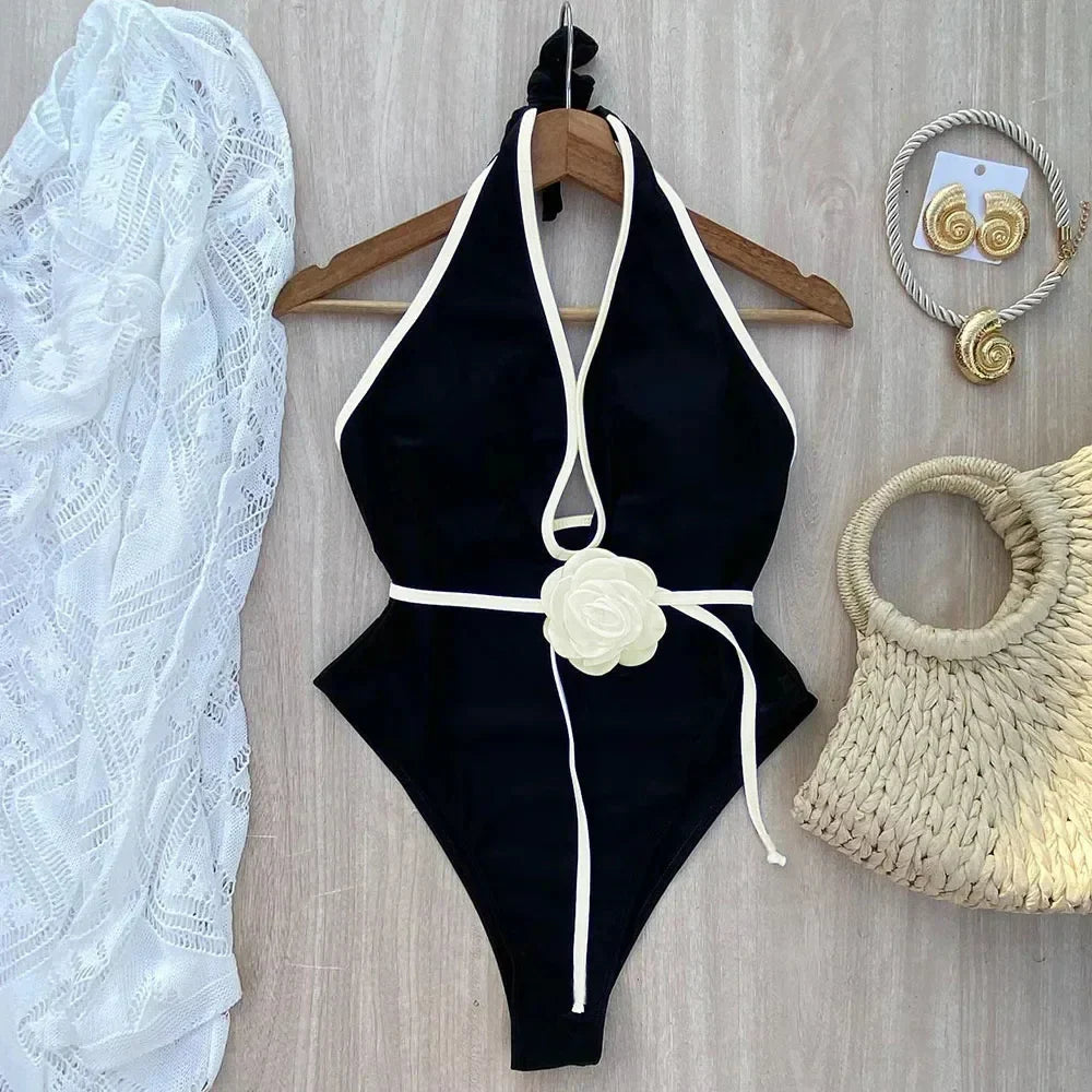 Badeanzug Damen Geblümtes Design mit weißem Rand Nylon Elasthan-2
