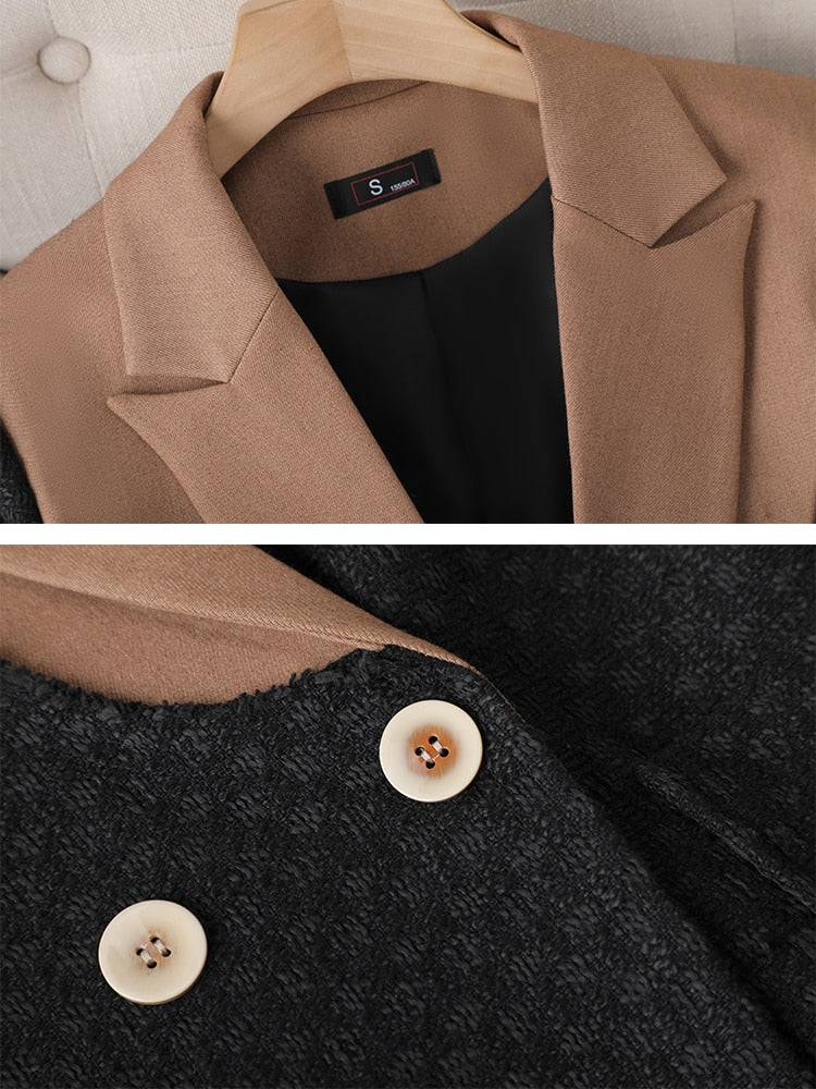 Damen Blazer mit Umlegekragen in Synthetikfaser, Elegantes Patchwork Design, Zeitlos Full Länge-2