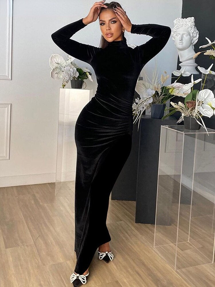 Damen-Maxikleid, minimalistisches Samt, langarm 2