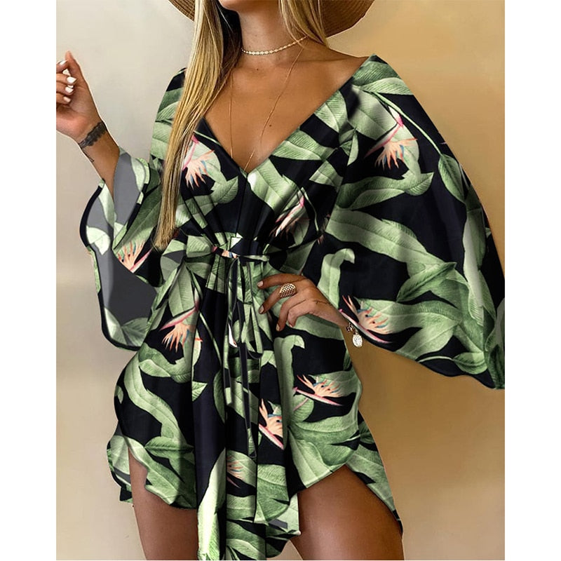 Damen-Minikleid, V-Ausschnitt, Fledermausärmel, Polyester 1