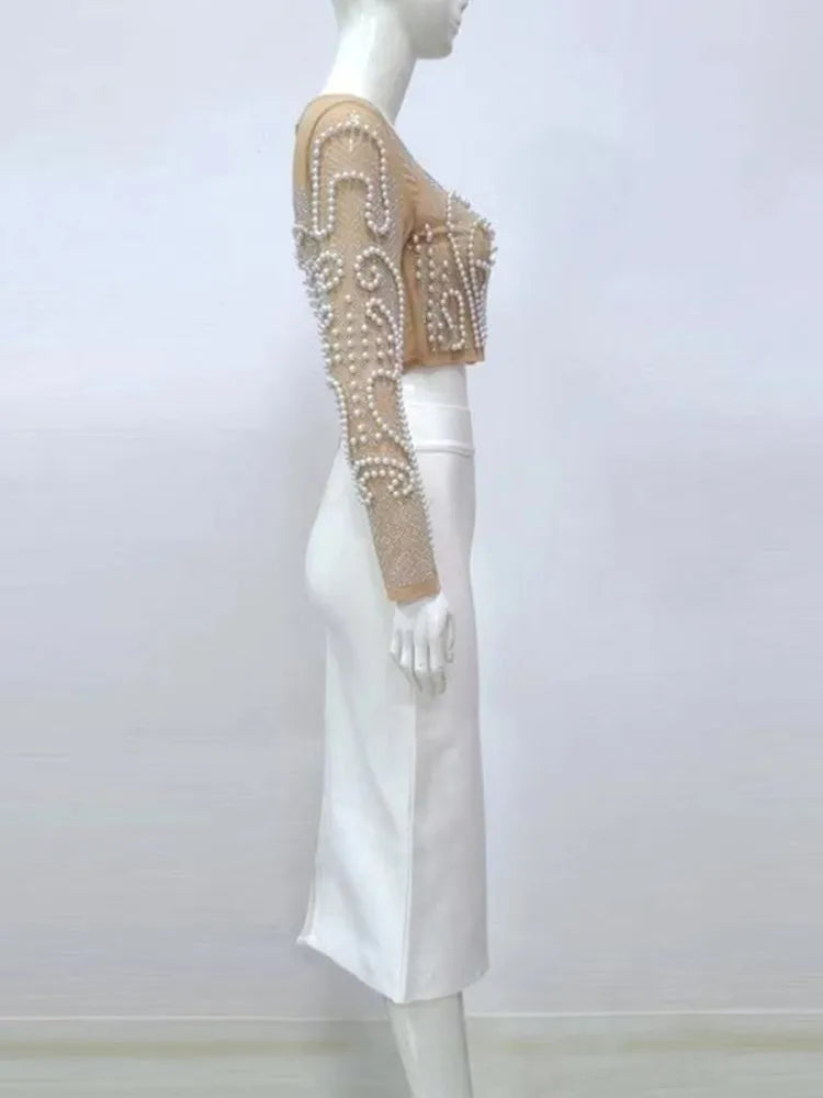 Damenkleid Monochrom Polyester Lang mit Perlenkragen-3