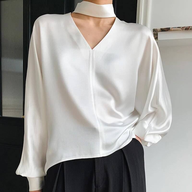 Weiße Damenbluse V-Ausschnitt Leichte Baumwollmischung Langarm Casual Fit-3