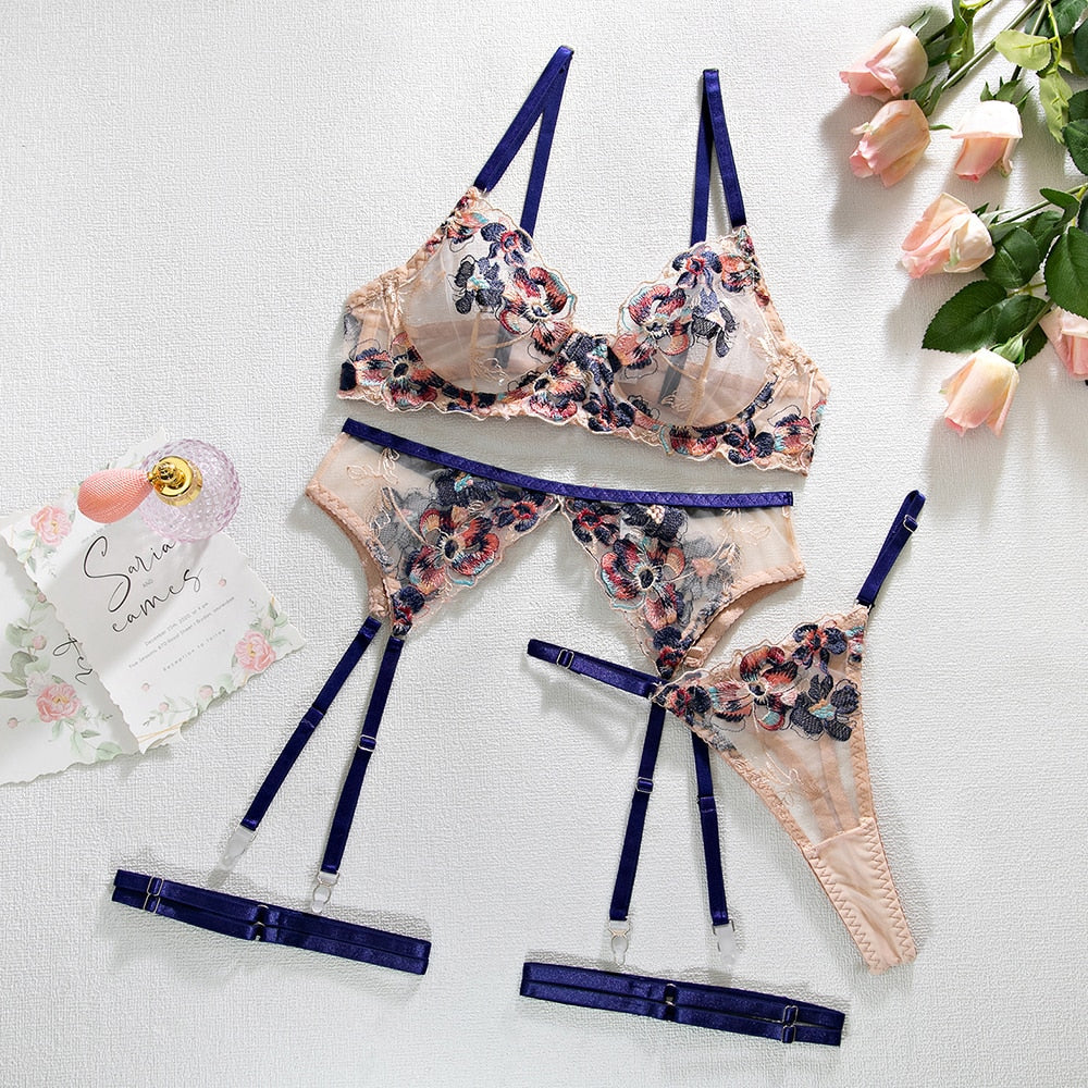 Damen-Unterwäsche-Set, geblümtes Design, Leinen mit verstellbaren Schulterträgern-1