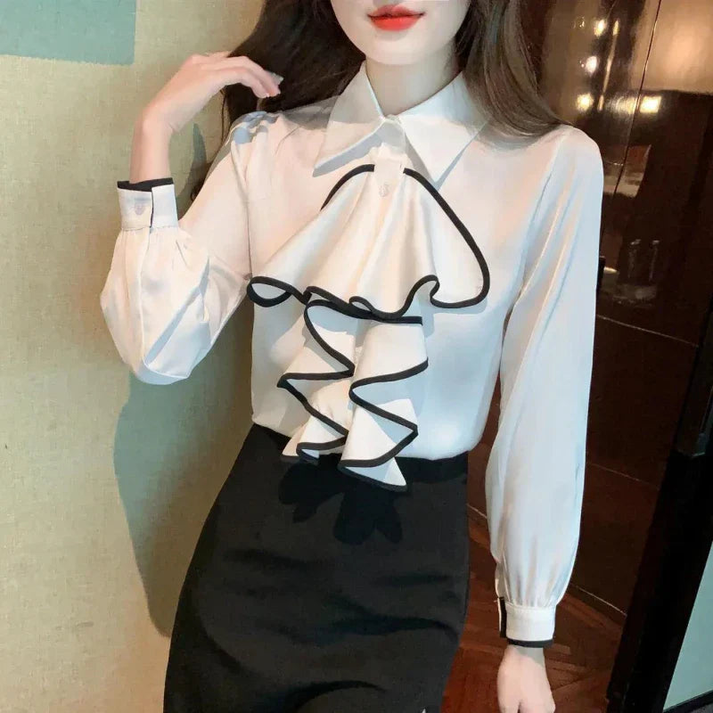 Damen Bluse Klassisch Monochromes Polyester Lange Ärmel-4