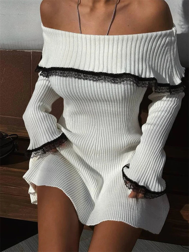 Damen-Minikleid, glitzernd, schulterfreies Design, mit Kontrastspitze-2