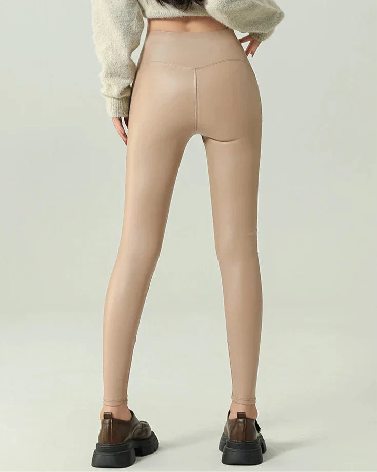 Damen-Leggings, hohe Taille, knöchellanges Polyester, Synthetikleder-5