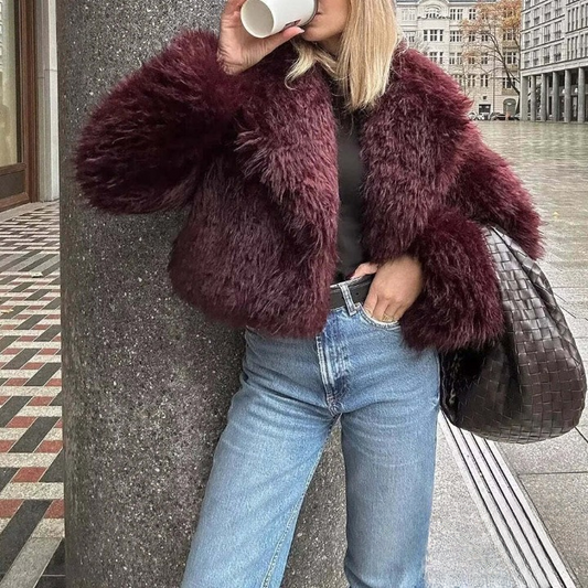 Damen V-Ausschnitt Pelzjacke Kunstfell für den Winter-1
