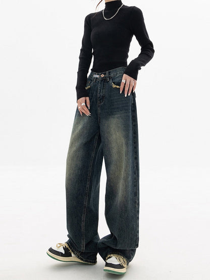 Damen-Baggy-Jeans mit weitem Bein, hohe Taille, Denim 2