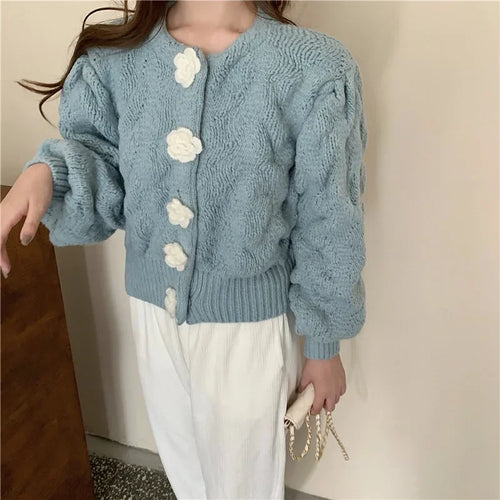 Damen-Strickjacke, lang, gestrickt, Wollmischung mit Blumenknöpfen-1