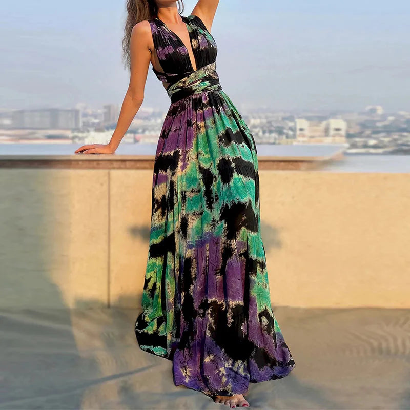 Damen-langes Kleid, V-Ausschnitt, Polyester-3