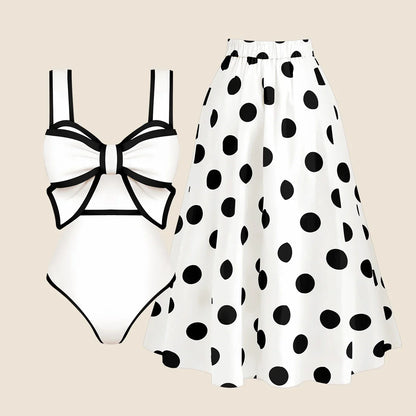 Damen Badeanzug Set mit Träger und Gepunkteter Rock Nylon Spandex-2