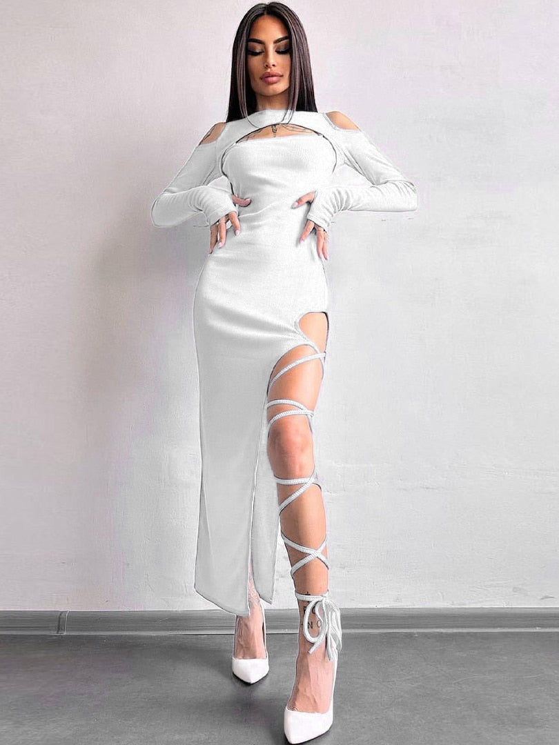 Variant image for Maxikleid Damen Asymmetrisches O-Ausschnitt Lange Ärmel Polyester-6