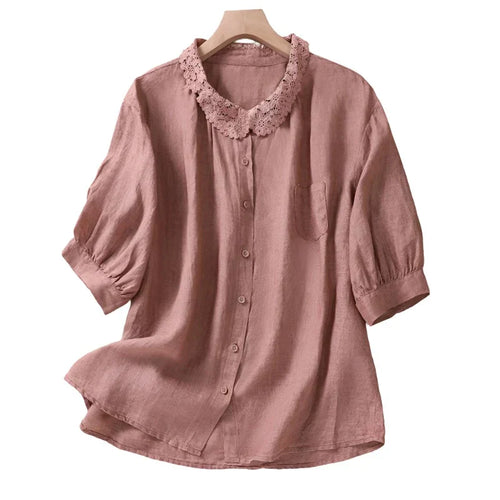 Damen-Sommerbluse, klassischer Kragen, leichtes Leinen-1