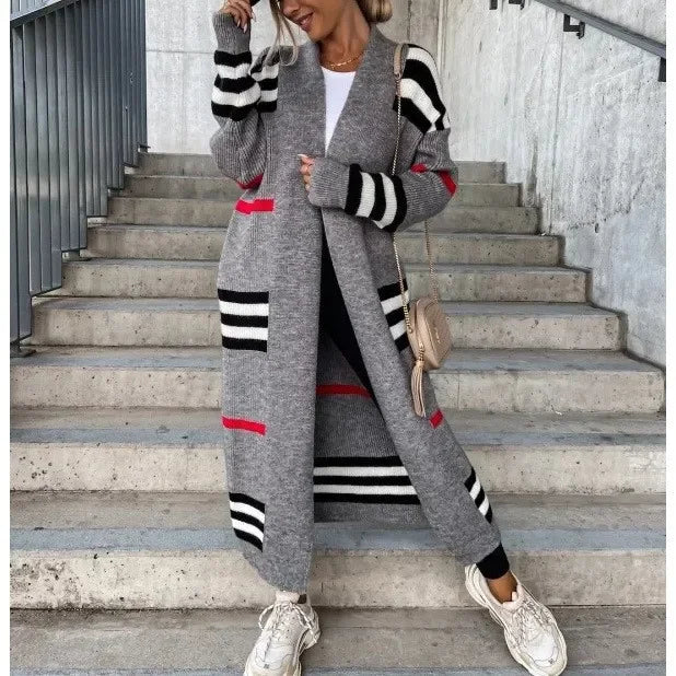 Langer Damen-Strickcardigan im Streifendesign aus 100% Acryl – Trendiger langer Cardigan für Herbst und Winter 8