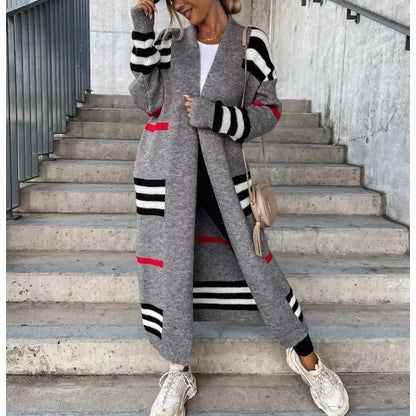 Langer Damen-Strickcardigan im Streifendesign aus 100% Acryl – Trendiger langer Cardigan für Herbst und Winter 8