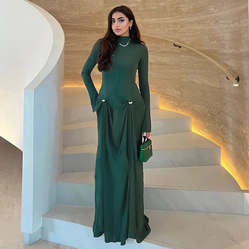 Maxikleid Damen Drapiert Hoher Halsausschnitt Hochwertiges Material-5