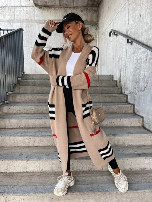 Damen-Strickjacke, lang, gestrickt, gestreift, weiche Qualität-1