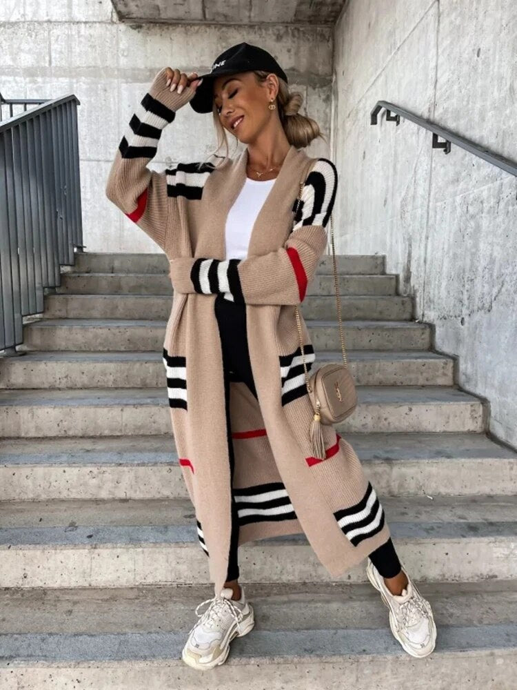 Variant image for Damen-Strickjacke, lang, gestrickt, gestreift, weiche Qualität-1