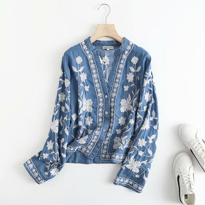 Damen Bluse Bestickter Blumen Weiche Baumwolle Knopfleiste-1