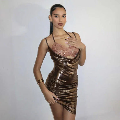 Damen-Minikleid, glitzernd, Halterneck, mit Pailletten, enge Passform-2