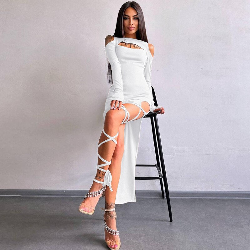 Maxikleid Damen Asymmetrisches O-Ausschnitt Lange Ärmel Polyester-4