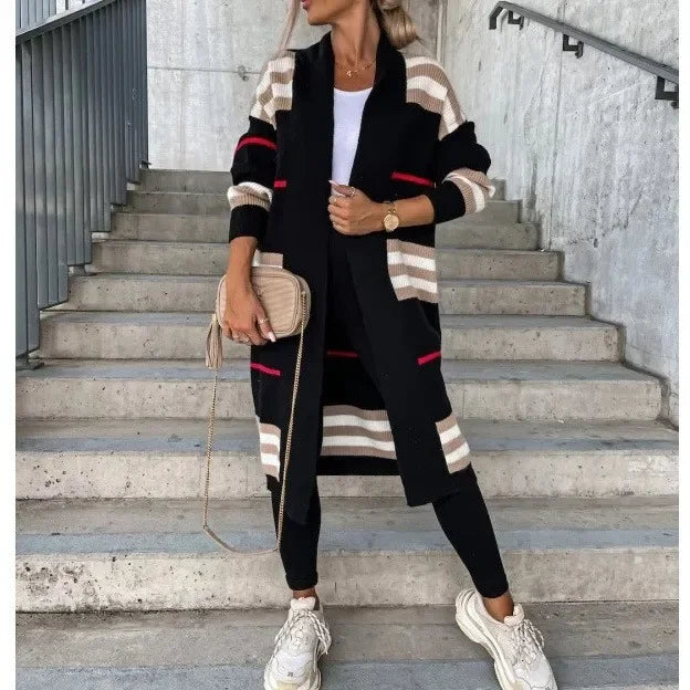 Langer Damen-Strickcardigan im Streifendesign aus 100% Acryl – Trendiger langer Cardigan für Herbst und Winter 1
