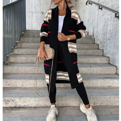 Langer Damen-Strickcardigan im Streifendesign aus 100% Acryl – Trendiger langer Cardigan für Herbst und Winter 1