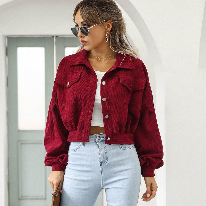 Damen-kurze Jacke, trendig, Kord-Stoff, hohe Qualität-5