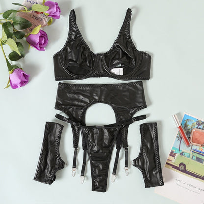 Damen-Unterwäsche-Set, verstellbares monochromes Leder, sexy Unterwäsche-1