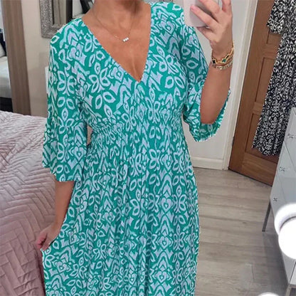 Variantenbild für Damenkleid, V-Ausschnitt, Boho-Stil, 3/4-Ärmel, 100% Baumwolle-25