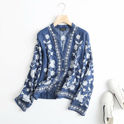 Variant image for Damen Bluse Bestickter Blumen Weiche Baumwolle Knopfleiste-6