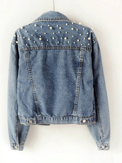 Damen-Jeansjacke, mit Perldekoration, lässiger Denim 2