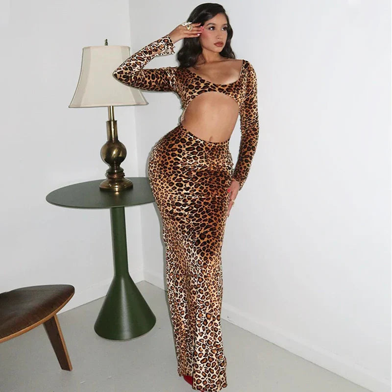 Maxikleid Damen Leopardenmuster Figurbetont Polyester Spandex-1
