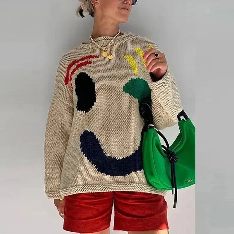 Variant image for Damen-Strickpullover, oversized, boho, aus weichem Material, mit Smiley-Design-21