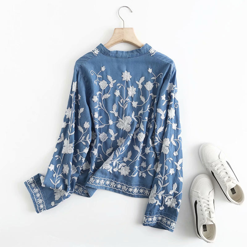 Damen Bluse Bestickter Blumen Weiche Baumwolle Knopfleiste-2