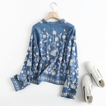 Damen Bluse Bestickter Blumen Weiche Baumwolle Knopfleiste-2