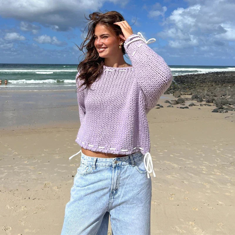 Damen-Pullover, O-Ausschnitt, Polyester, einfarbig, für Alltag-1