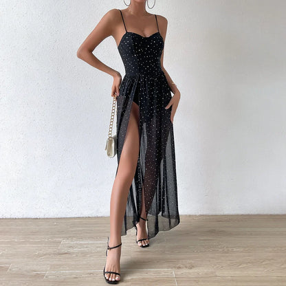 Maxikleid Damen mit Pailletten Polyester Langes Kleid-5