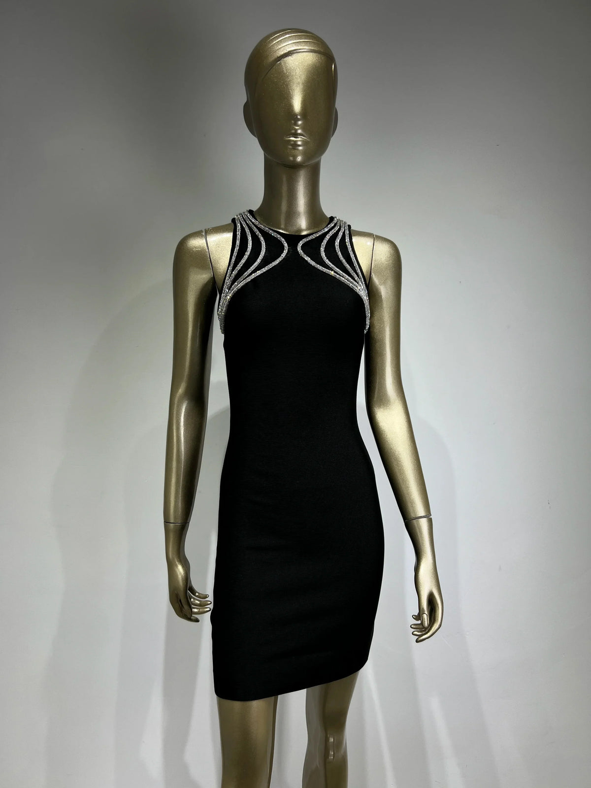 Schöne Damenkleider, Mini, Rundhalsausschnitt mit Strass, Details aus Polyester und Spandex-3