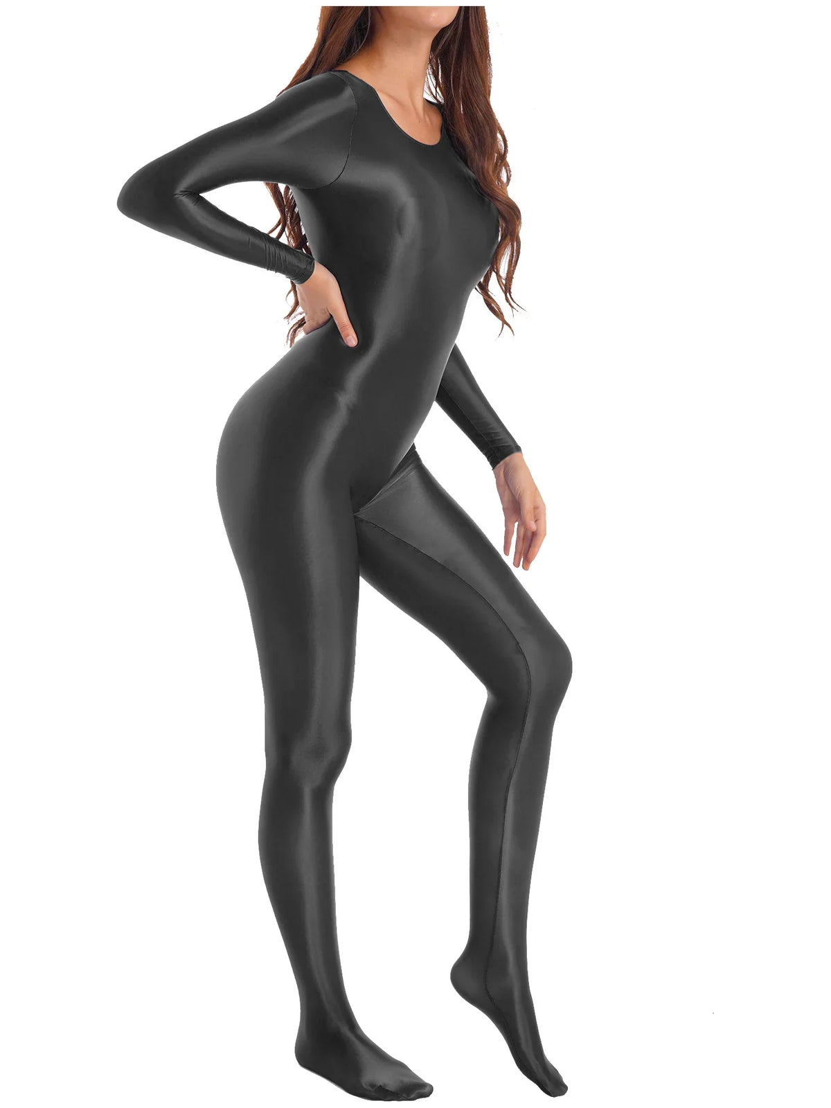 Damen-Jumpsuit Monochrom Langarm Lycra Nylon Elasthan-3