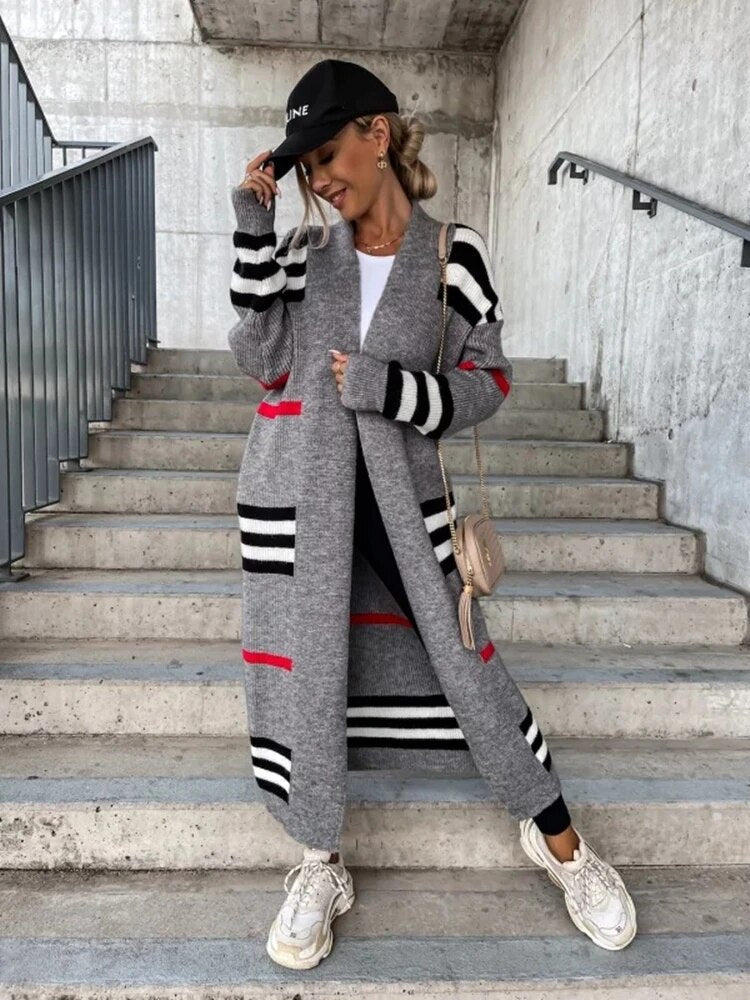 Damen-Strickjacke, lang, gestreift, gestrickt, weicher Stoff-4