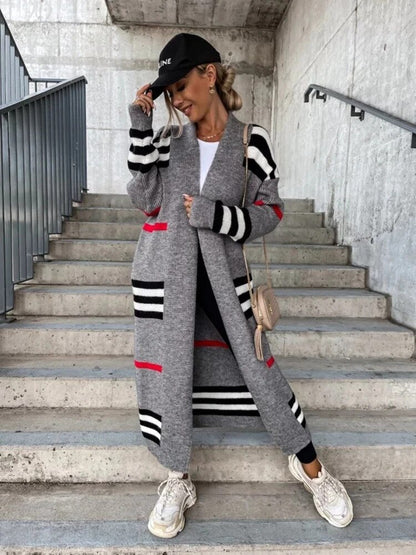 Damen-Strickjacke, lang, gestreift, gestrickt, weicher Stoff-4