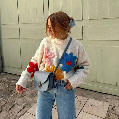 Damen-Lange Strickjacke, gestrickt, mit Blumenstickerei-2