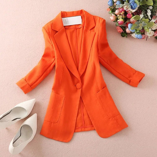 Damen Blazer Monochrome Baumwolle Polyester Leinen Elegant Komfortabel Klassische Passform 1