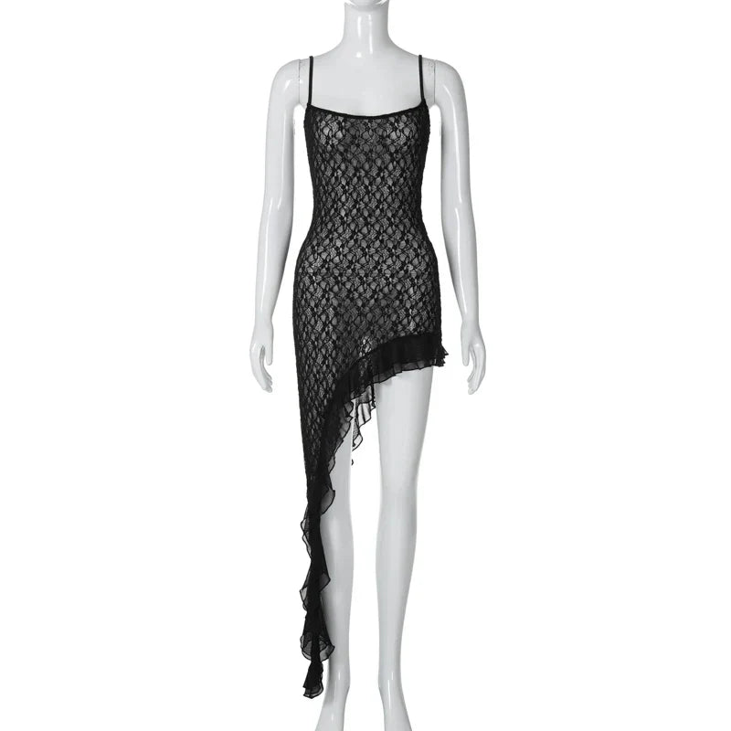 Damen-Schwarzes Minikleid, asymmetrisches ärmelloses Polyester-5