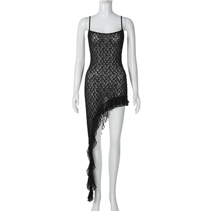 Damen-Schwarzes Minikleid, asymmetrisches ärmelloses Polyester-5