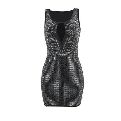 Glitzerndes Minikleid für Damen mit viereckigem Ausschnitt – schwarzes Polyesterkleid für Partys und Abende 1