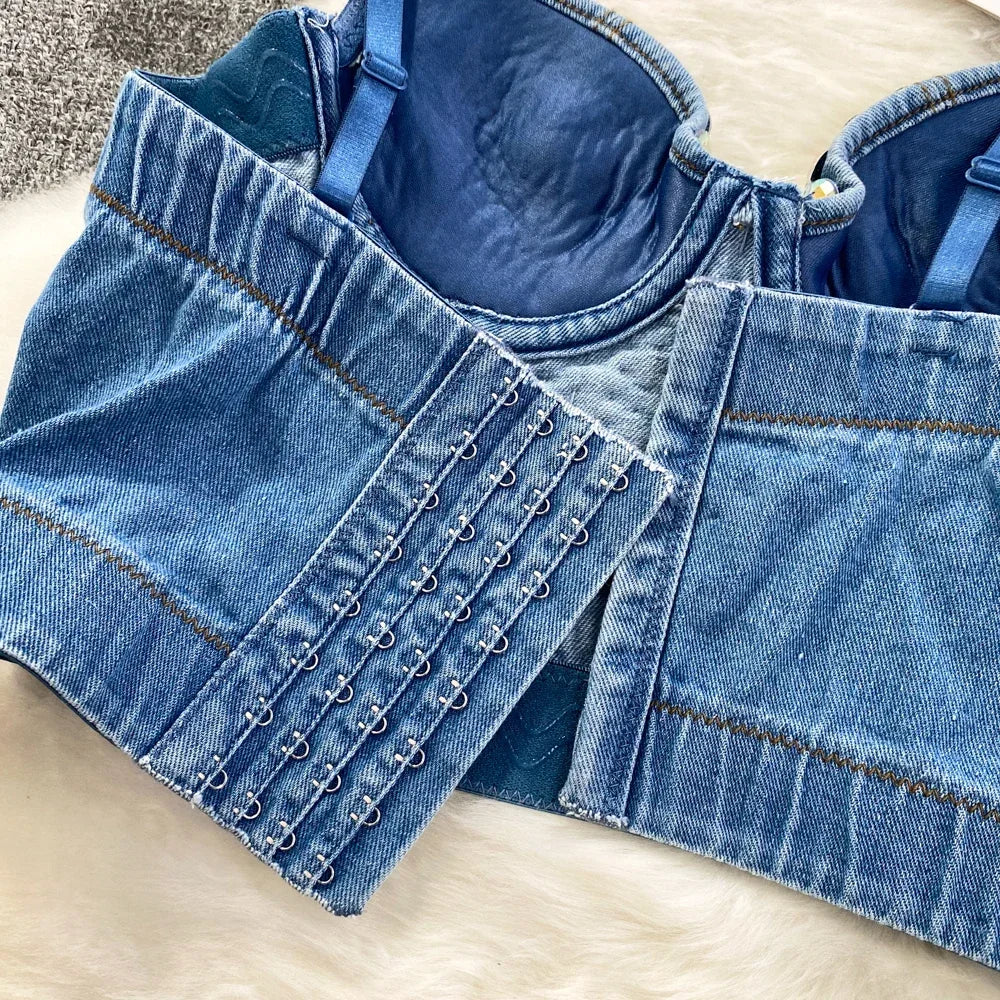 Damen-Crop-Top, monochromer Denim, mit Perlenverzierung-6